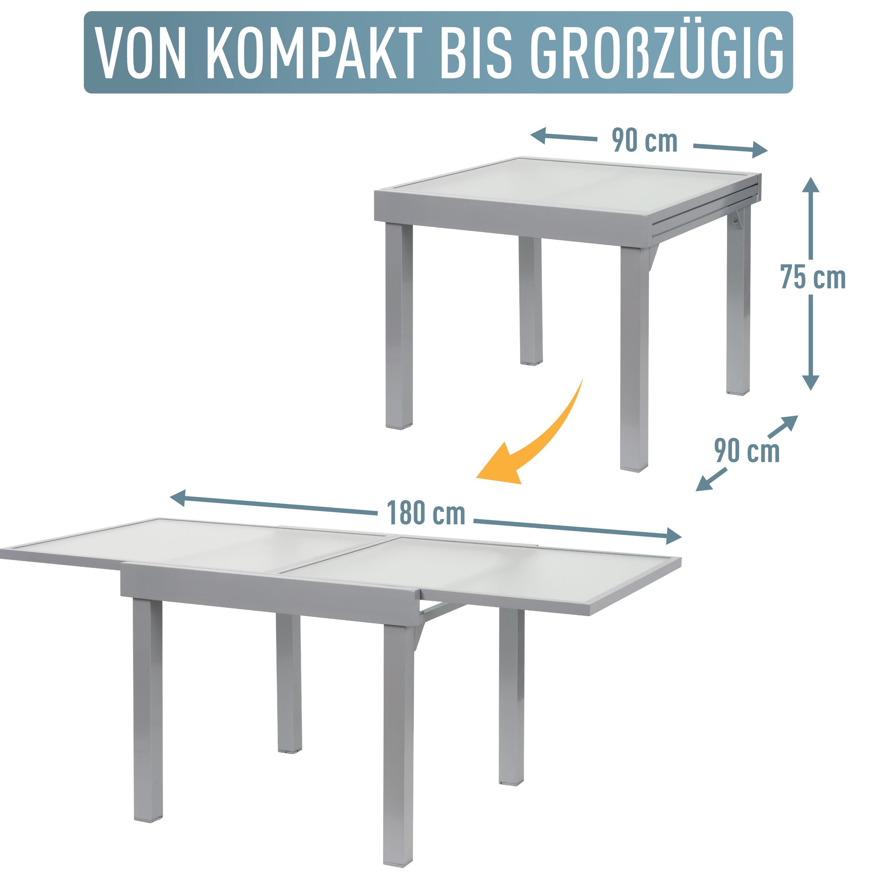 Diplomat Quadro Ausziehtisch 90 - 180 cm silber